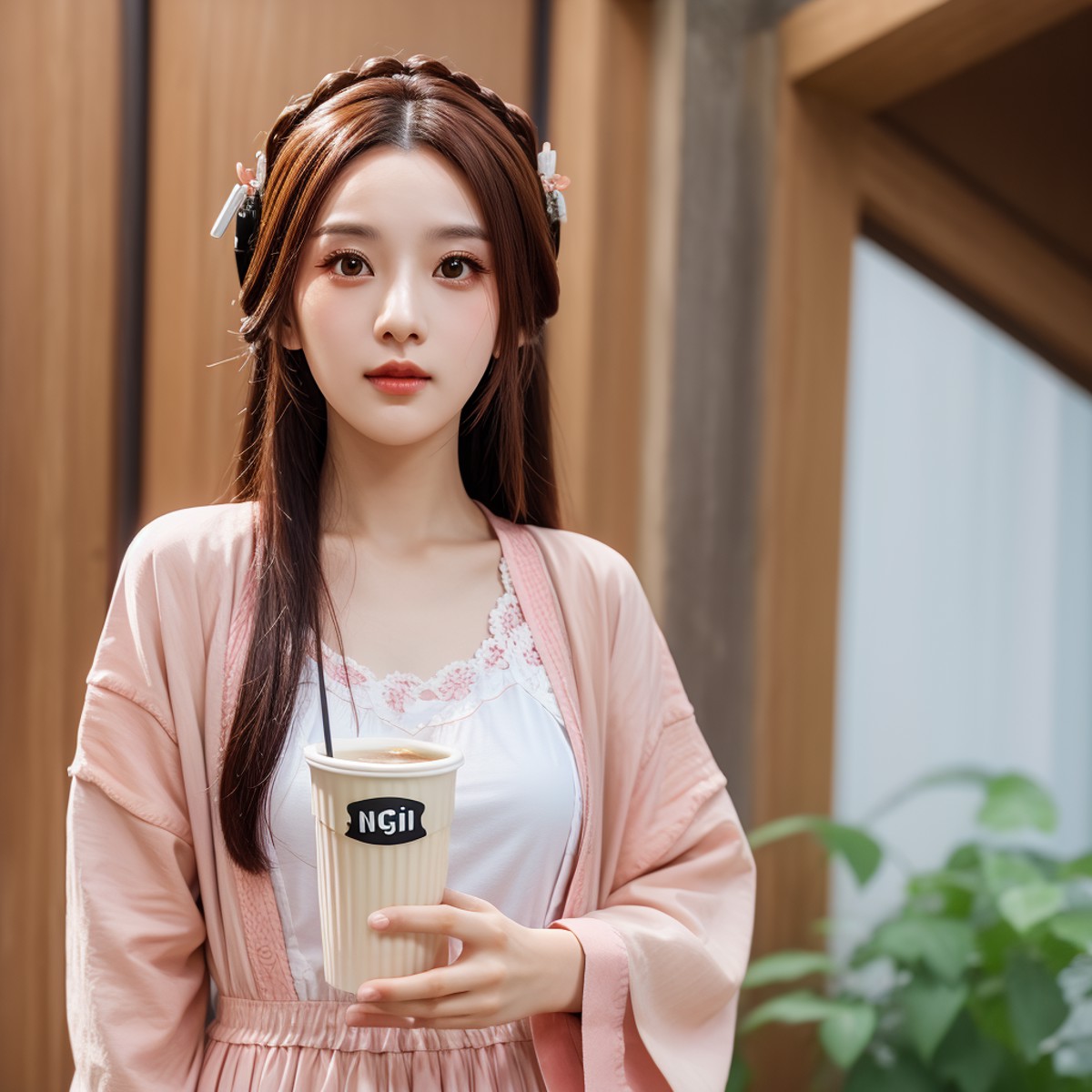 gufengnvhai,A beautiful and cute woman, holding a large cup of milk tea, wearing a pink dress, realistic comic characters,...